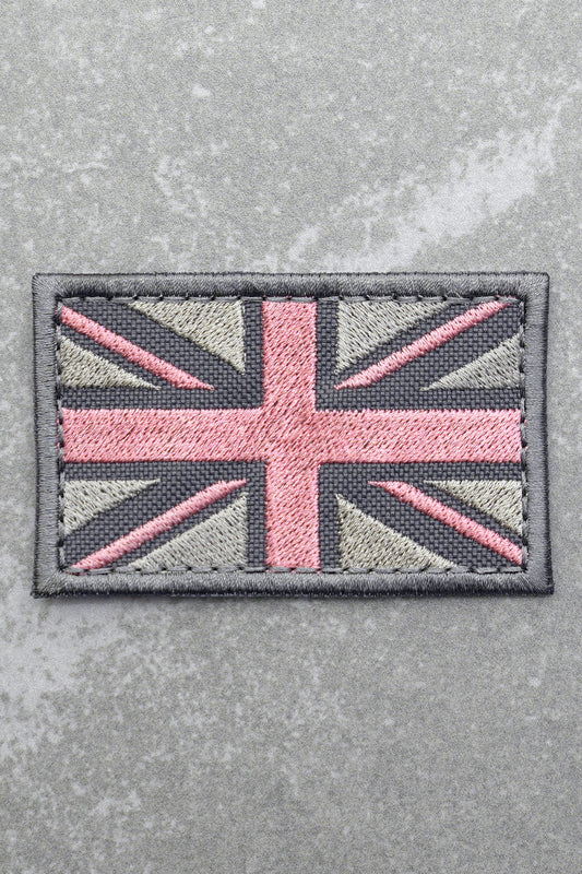 Great British Union Jack Patch Embroidered England Flag Morale, Grey Silver and Pink